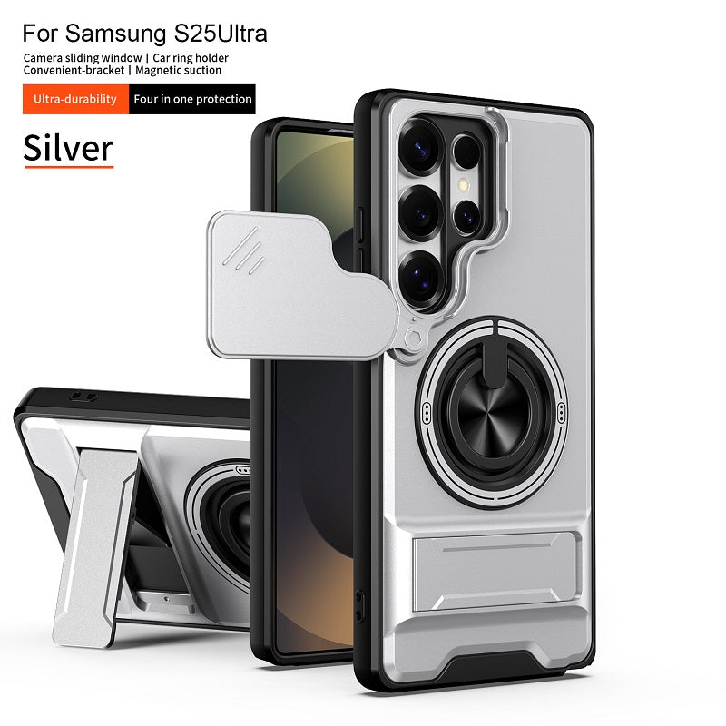 Luxury Slide Camera Lens Cover Case for Samsung Galaxy S25 Ultra, Built-in Ring Stand and Folding Stand Magnetic Protective Case