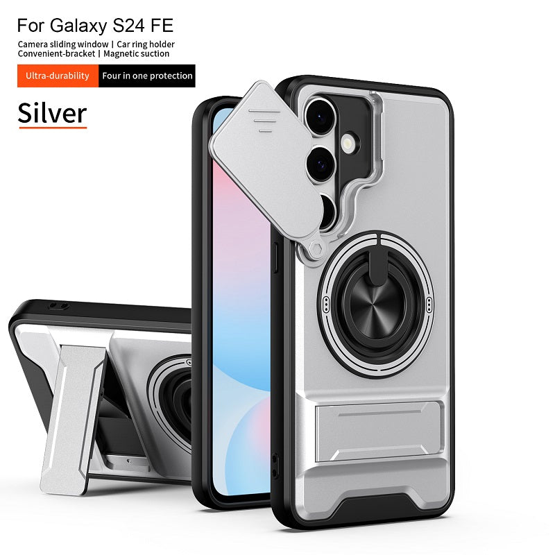 Luxury Slide Camera Lens Cover Case for Samsung Galaxy S24 FE, Built-in Ring Stand and Folding Stand Magnetic Protective Case