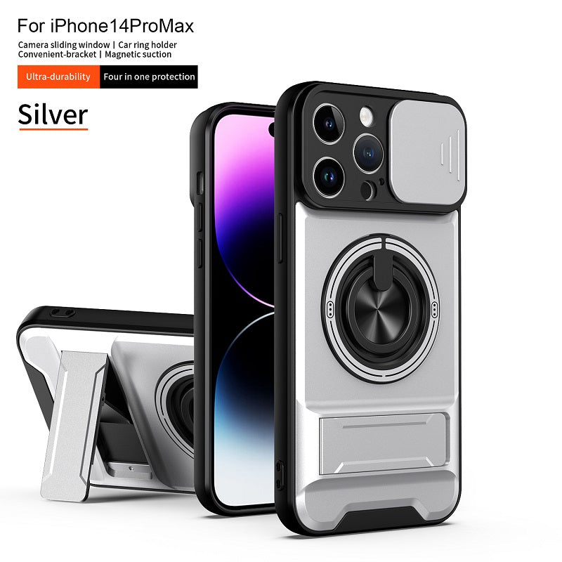 Luxury Slide Camera Lens Cover Case for iPhone 14 Pro Max, Built-in Ring Stand and Folding Stand Magnetic Protective Case
