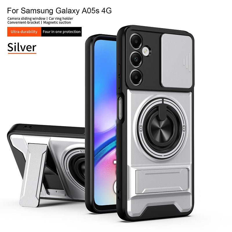 Luxury Slide Camera Lens Cover Case for Samsung Galaxy A05S 4G, Built-in Ring Stand and Folding Stand Magnetic Protective Case
