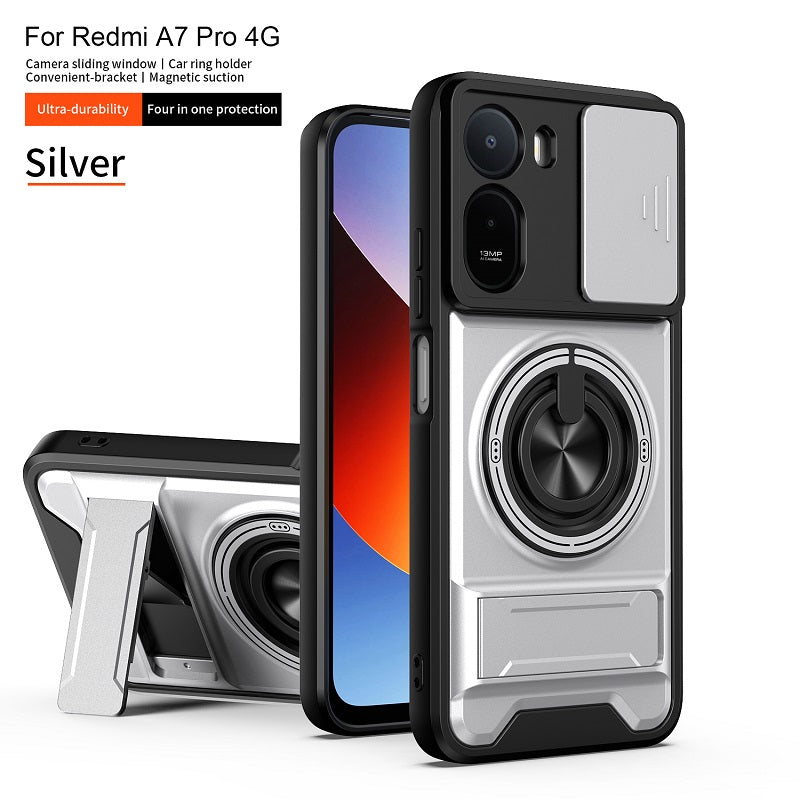 Luxury Slide Camera Lens Cover Case for Xiaomi Redmi A7 Pro 4G, Built-in Ring Stand and Folding Stand Magnetic Protective Case
