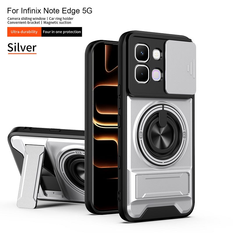 Luxury Slide Camera Lens Cover Case for Infinix Note Edge 5G, Built-in Ring Stand and Folding Stand Magnetic Protective Case