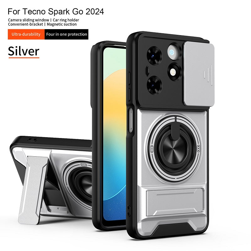 Luxury Slide Camera Lens Cover Case for Tecno Spark Go 2024, Built-in Ring Stand and Folding Stand Magnetic Protective Case