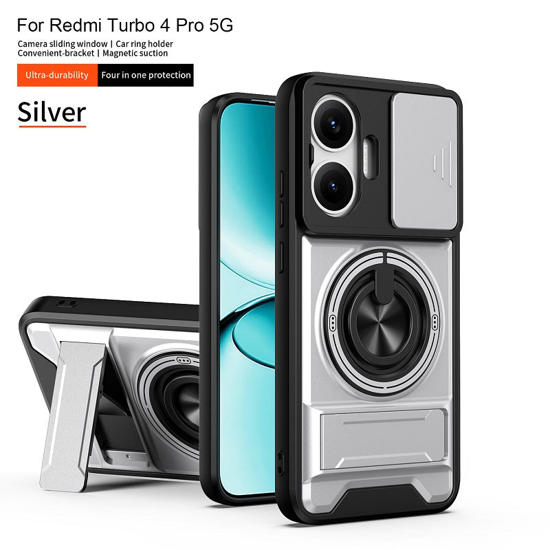Luxury Slide Camera Lens Cover Case for Xiaomi Redmi Turbo 4 Pro/Poco F7, Built-in Ring Stand and Folding Stand Magnetic Protective Case