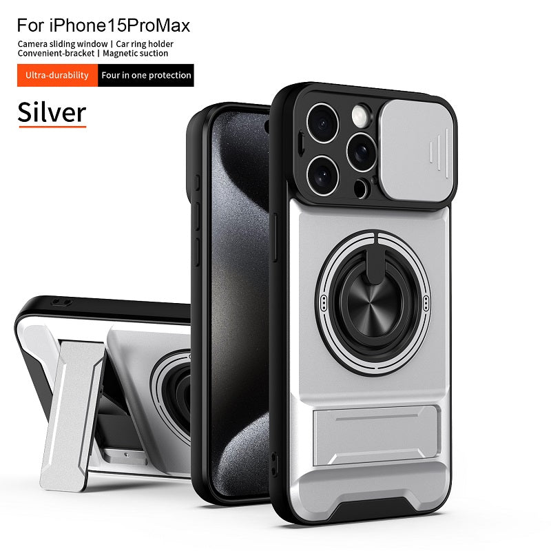 Luxury Slide Camera Lens Cover Case for iPhone 15 Pro Max, Built-in Ring Stand and Folding Stand Magnetic Protective Case