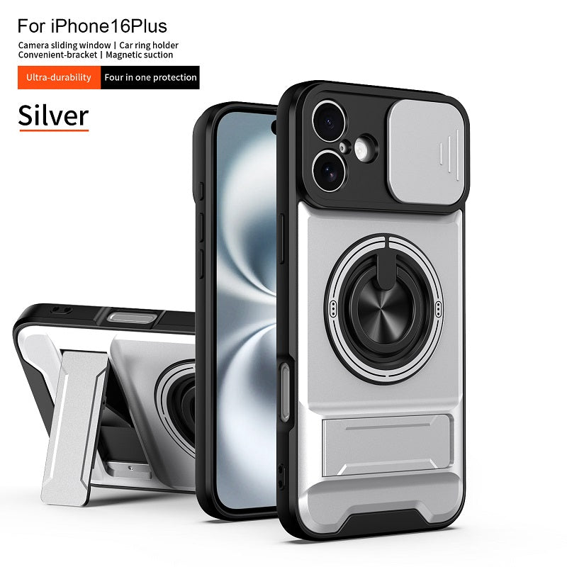 Luxury Slide Camera Lens Cover Case for iPhone 16 Plus, Built-in Ring Stand and Folding Stand Magnetic Protective Case