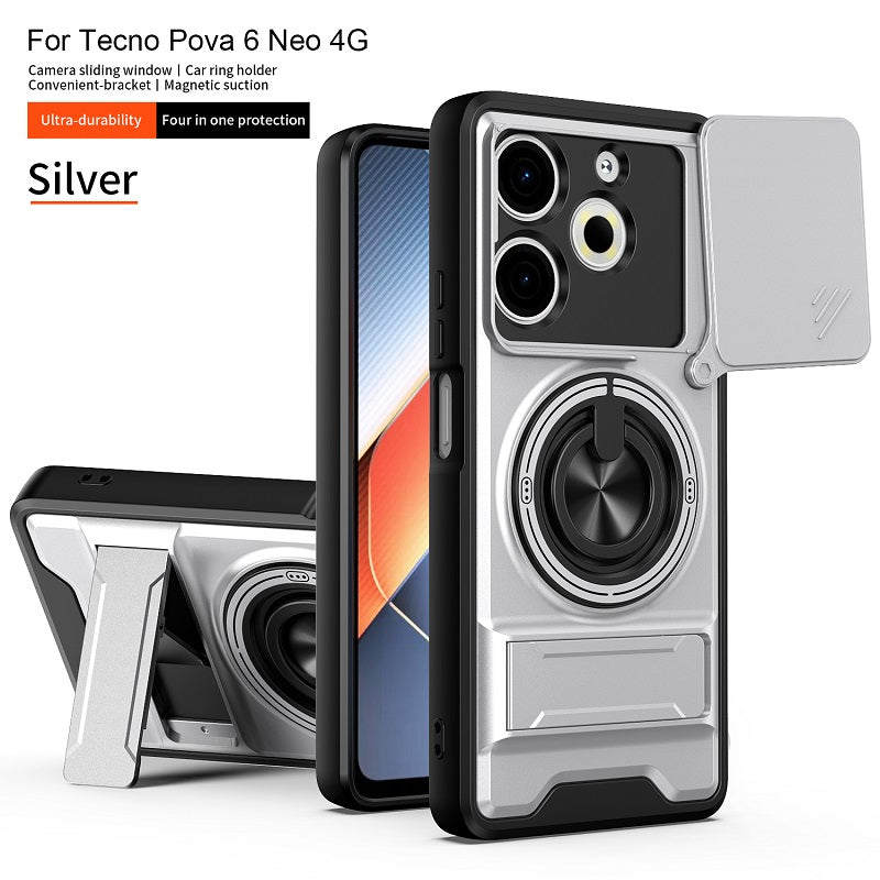 Luxury Slide Camera Lens Cover Case for Tecno Pova 6 Neo 4G, Built-in Ring Stand and Folding Stand Magnetic Protective Case