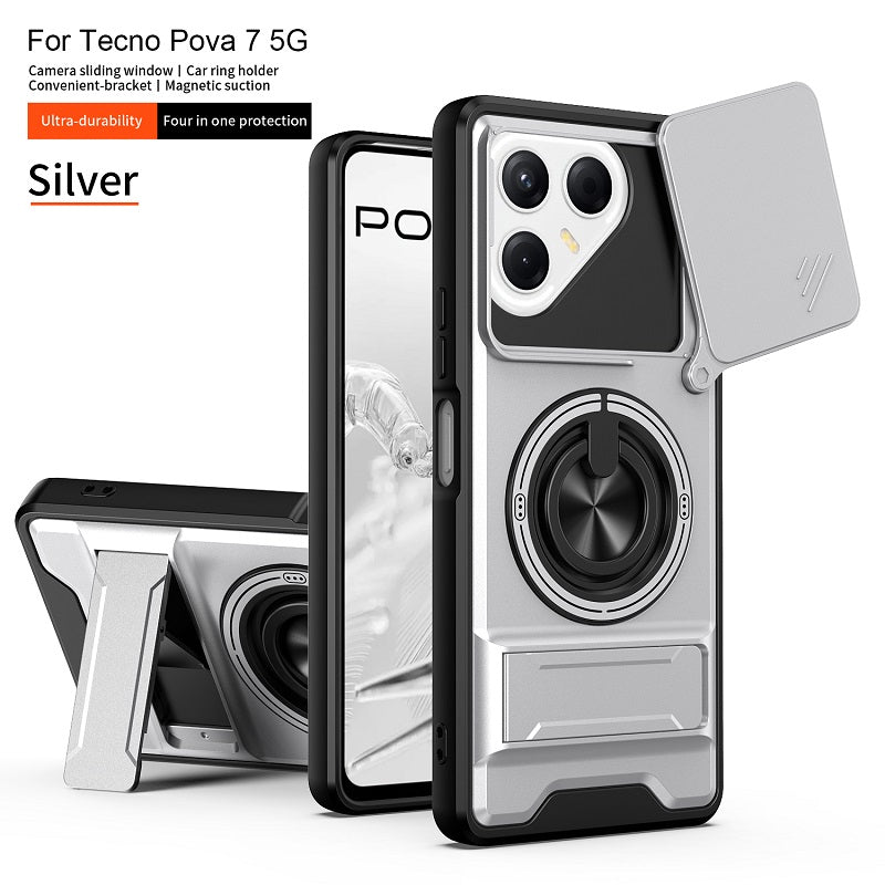 Luxury Slide Camera Lens Cover Case for Tecno Pova 7 5G, Built-in Ring Stand and Folding Stand Magnetic Protective Case