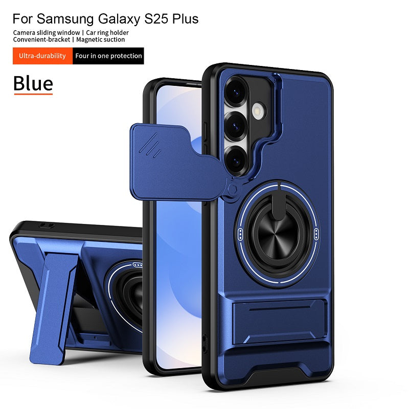 Luxury Slide Camera Lens Cover Case for Samsung Galaxy S25 Plus, Built-in Ring Stand and Folding Stand Magnetic Protective Case