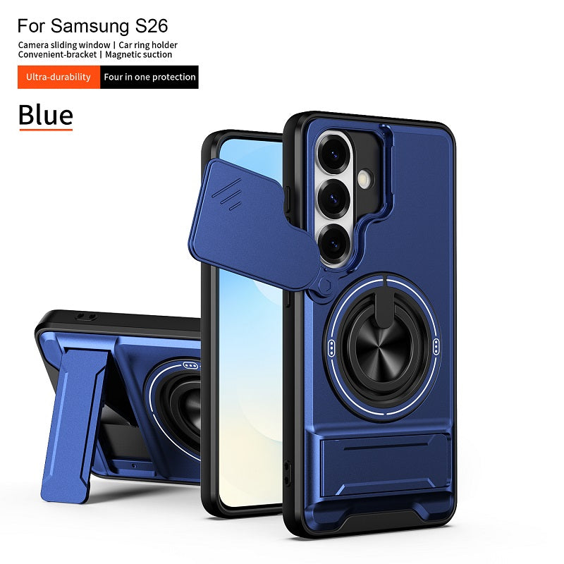 Luxury Slide Camera Lens Cover Case for Samsung Galaxy S26, Built-in Ring Stand and Folding Stand Magnetic Protective Case