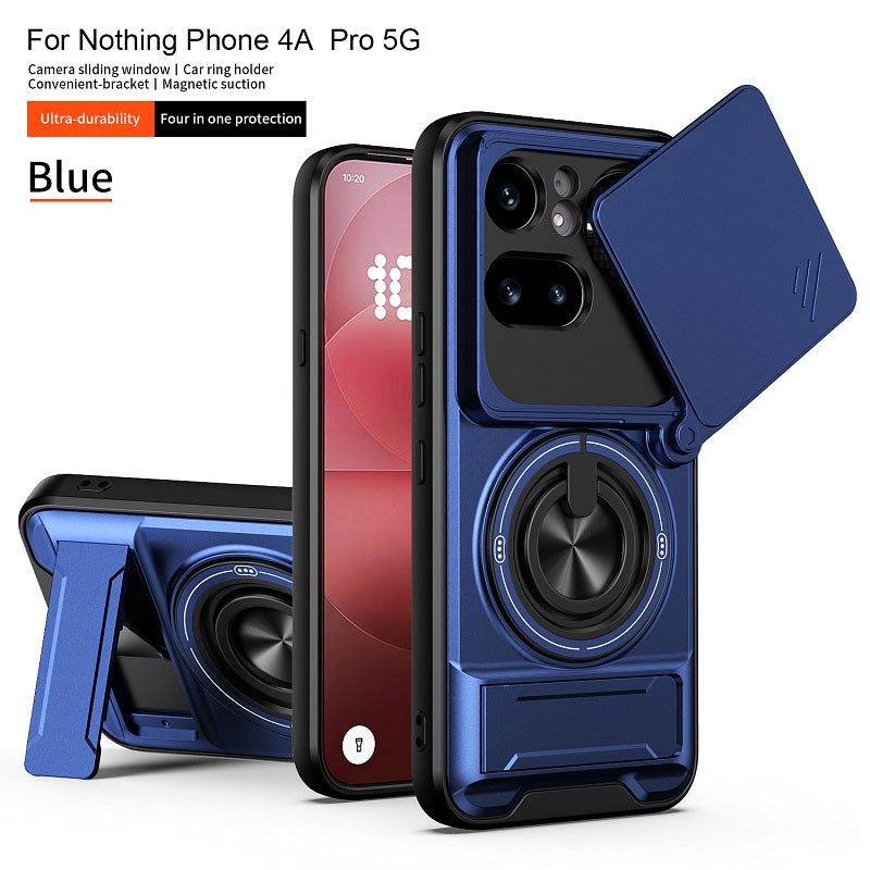 Luxury Slide Camera Lens Cover Case for Nothing Phone (4a) Pro 5G, Built-in Ring Stand and Folding Stand Magnetic Protective Case