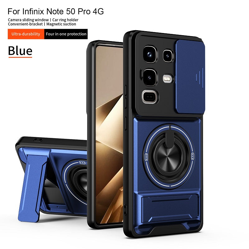Luxury Slide Camera Lens Cover Case for Infinix Note 50 Pro 4G/Note 50 4G, Built-in Ring Stand and Folding Stand Magnetic Protective Case