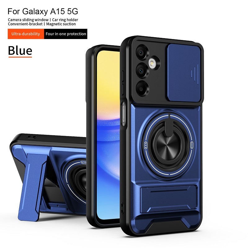 Luxury Slide Camera Lens Cover Case for Samsung Galaxy A15 5G/4G, Built-in Ring Stand and Folding Stand Magnetic Protective Case