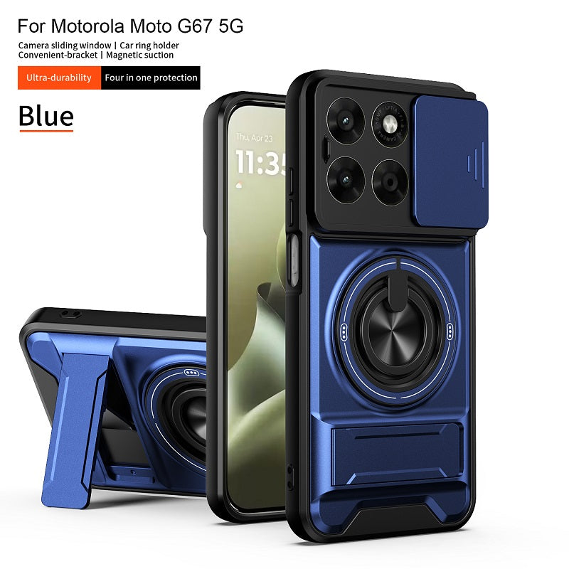 Luxury Slide Camera Lens Cover Case for Motorola Moto G67 5G, Built-in Ring Stand and Folding Stand Magnetic Protective Case