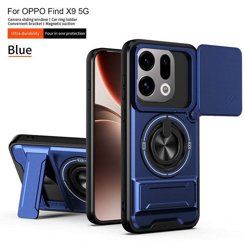 Luxury Slide Camera Lens Cover Case for OPPO Find X9, Built-in Ring Stand and Folding Stand Magnetic Protective Case
