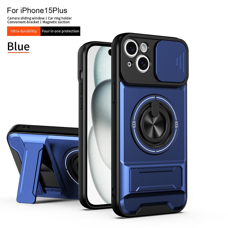 Luxury Slide Camera Lens Cover Case for iPhone 15 Plus, Built-in Ring Stand and Folding Stand Magnetic Protective Case