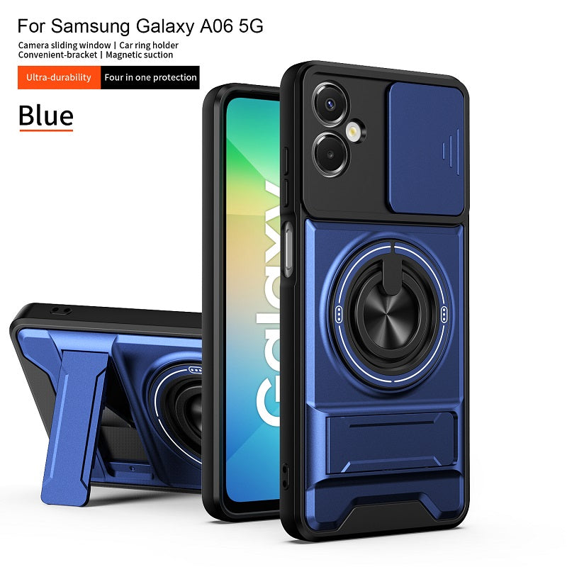 Luxury Slide Camera Lens Cover Case for Samsung Galaxy A06 5G/4G, Built-in Ring Stand and Folding Stand Magnetic Protective Case