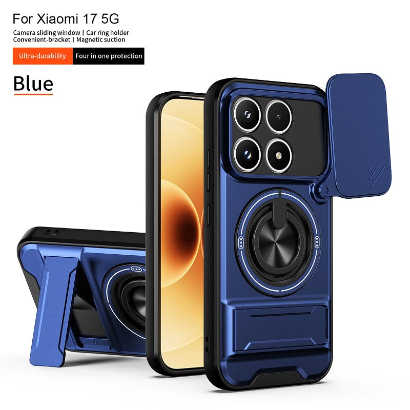 Luxury Slide Camera Lens Cover Case for Xiaomi 17, Built-in Ring Stand and Folding Stand Magnetic Protective Case