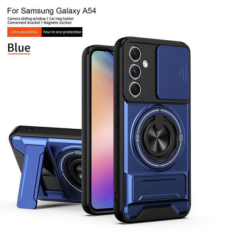 Luxury Slide Camera Lens Cover Case for Samsung Galaxy A54 5G, Built-in Ring Stand and Folding Stand Magnetic Protective Case