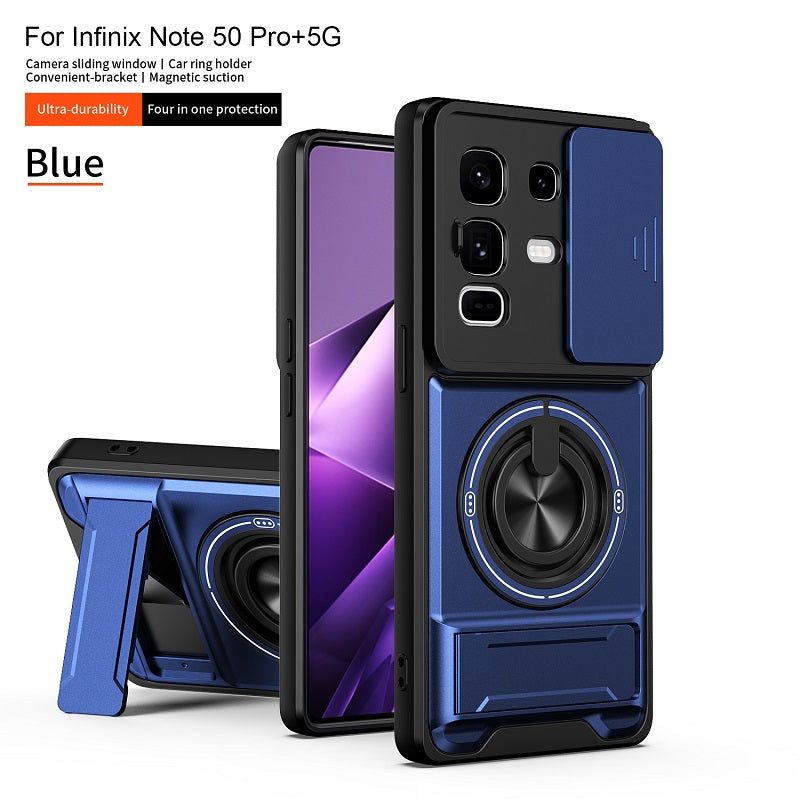 Luxury Slide Camera Lens Cover Case for Infinix Note 50 Pro+/Plus 5G, Built-in Ring Stand and Folding Stand Magnetic Protective Case