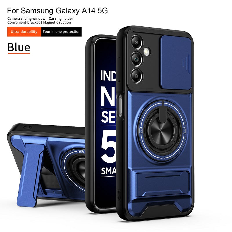Luxury Slide Camera Lens Cover Case for Samsung Galaxy A14 5G/4G, Built-in Ring Stand and Folding Stand Magnetic Protective Case