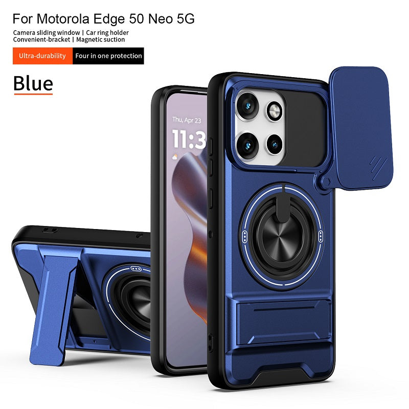 Luxury Slide Camera Lens Cover Case for Motorola Edge 50 Neo 5G, Built-in Ring Stand and Folding Stand Magnetic Protective Case