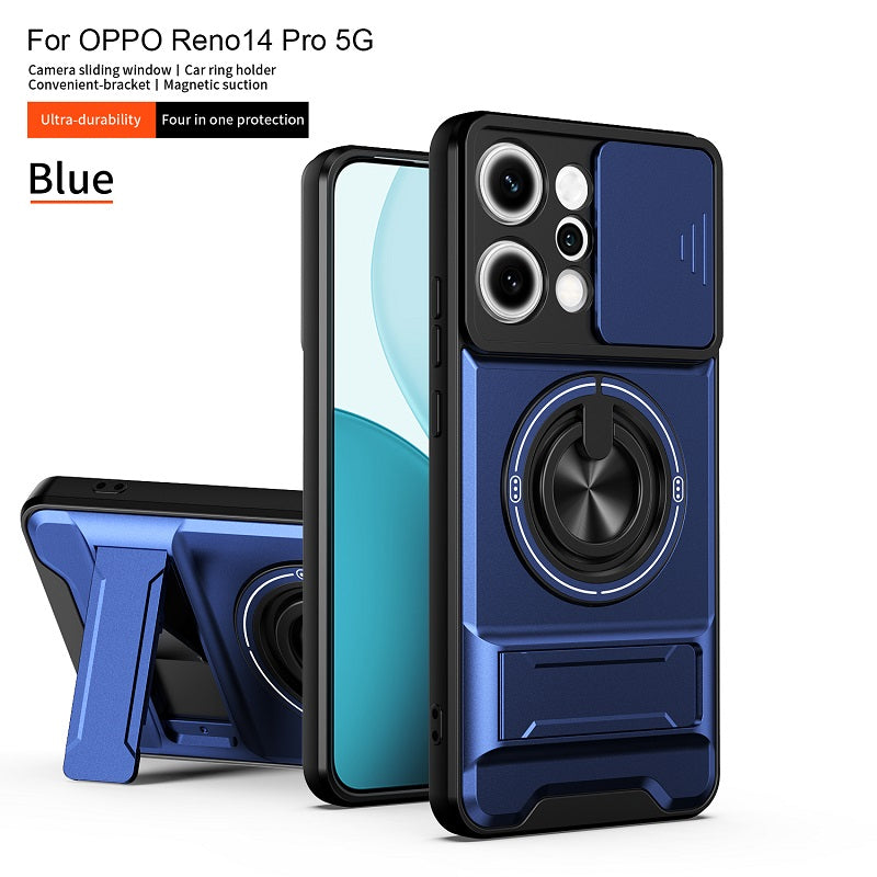 Luxury Slide Camera Lens Cover Case for OPPO Reno 14 Pro 5G, Built-in Ring Stand and Folding Stand Magnetic Protective Case