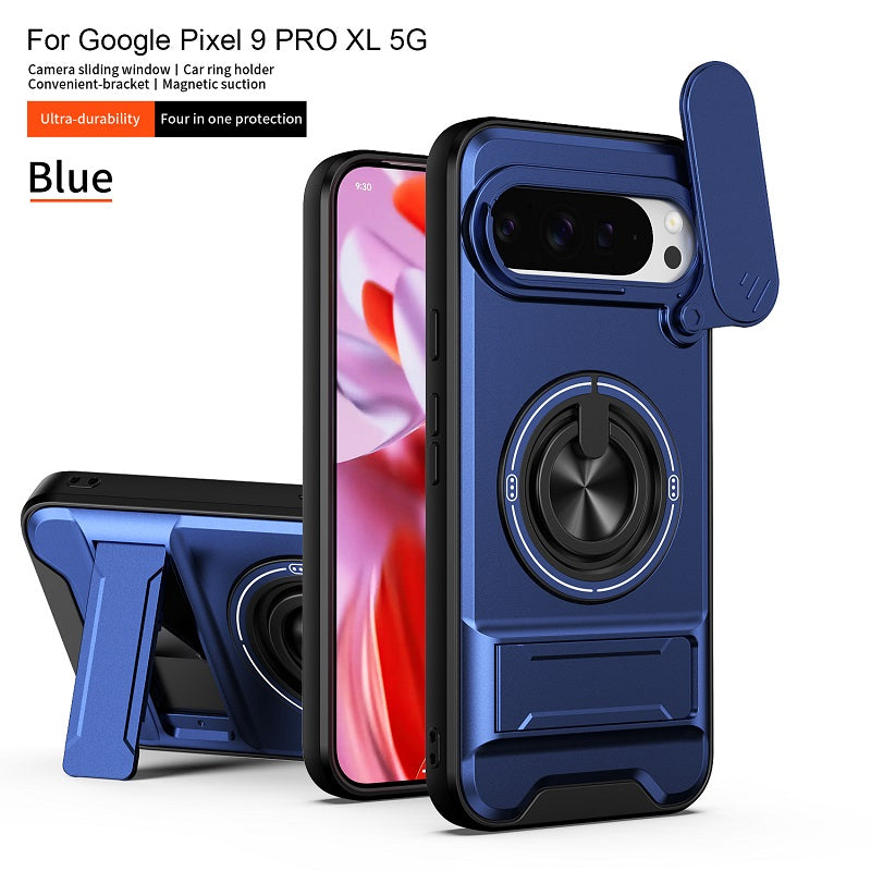 Luxury Slide Camera Lens Cover Case for Google Pixel 9 Pro XL, Built-in Ring Stand and Folding Stand Magnetic Protective Case