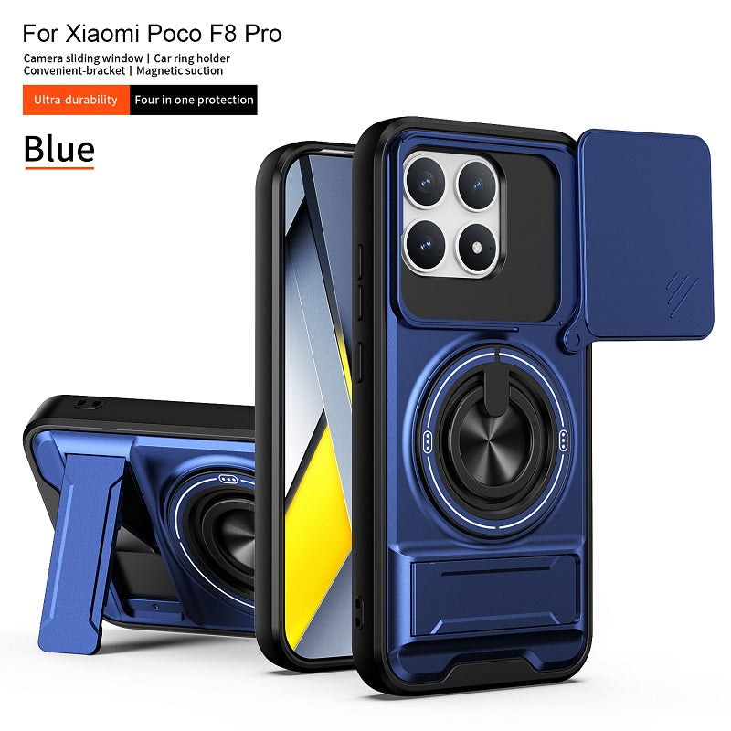 Luxury Slide Camera Lens Cover Case for Xiaomi Poco F8 Pro, Built-in Ring Stand and Folding Stand Magnetic Protective Case