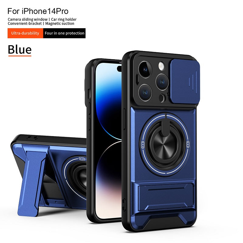 Luxury Slide Camera Lens Cover Case for iPhone 14 Pro, Built-in Ring Stand and Folding Stand Magnetic Protective Case
