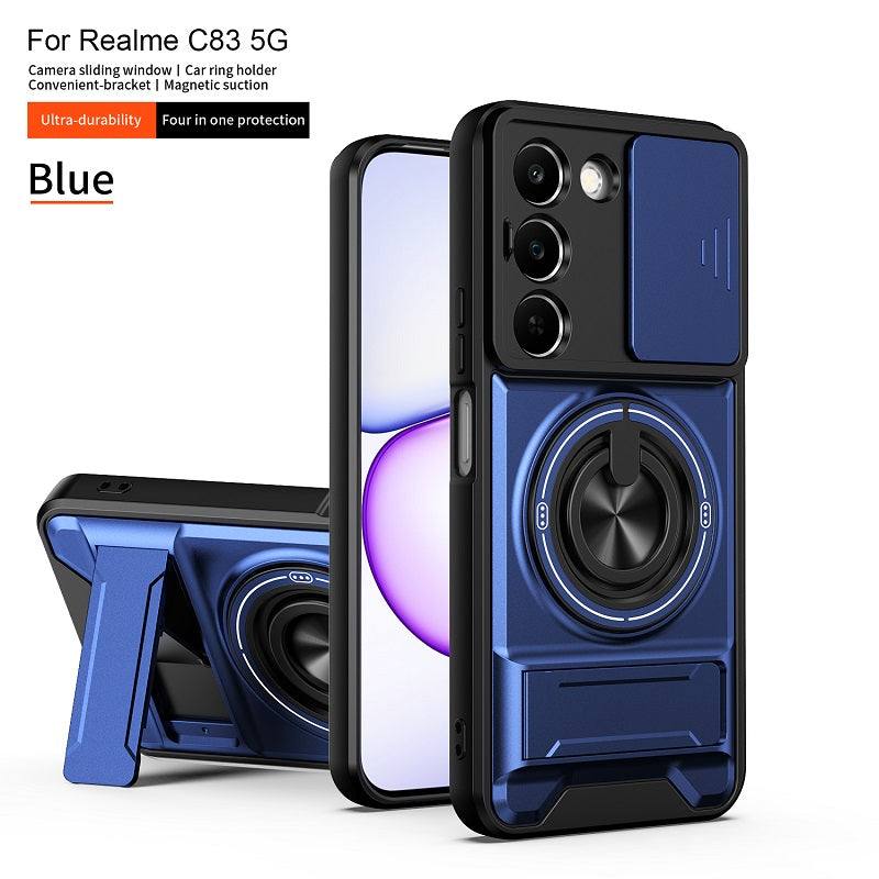 Luxury Slide Camera Lens Cover Case for OPPO Realme C83 5G, Built-in Ring Stand and Folding Stand Magnetic Protective Case