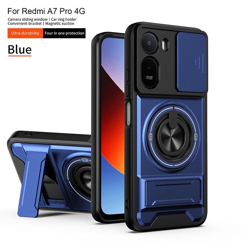Luxury Slide Camera Lens Cover Case for Xiaomi Redmi A7 Pro 4G, Built-in Ring Stand and Folding Stand Magnetic Protective Case