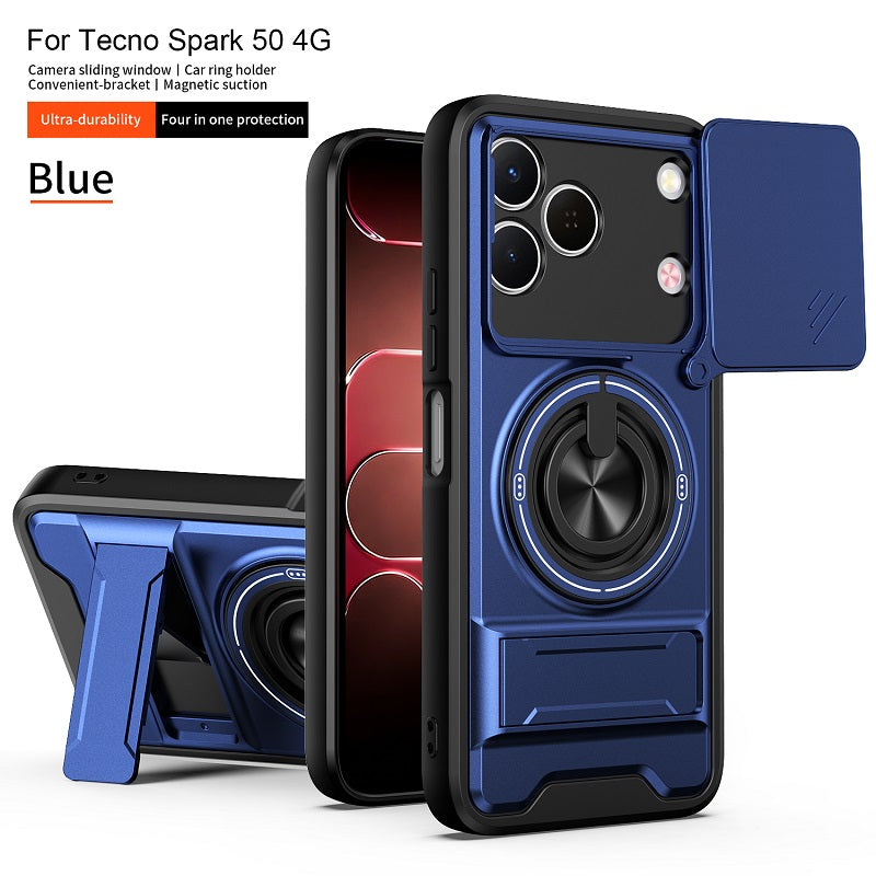 Luxury Slide Camera Lens Cover Case for Tecno Spark 50 4G, Built-in Ring Stand and Folding Stand Magnetic Protective Case