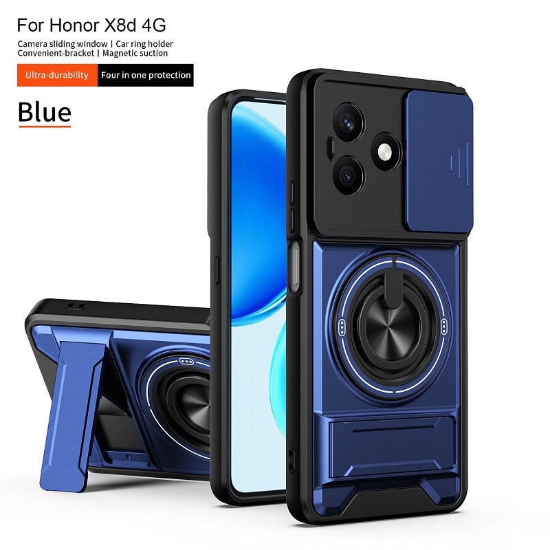 Luxury Slide Camera Lens Cover Case for Honor X8D, Built-in Ring Stand and Folding Stand Magnetic Protective Case