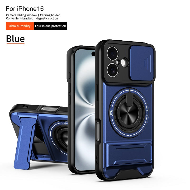 Luxury Slide Camera Lens Cover Case for iPhone 16, Built-in Ring Stand and Folding Stand Magnetic Protective Case