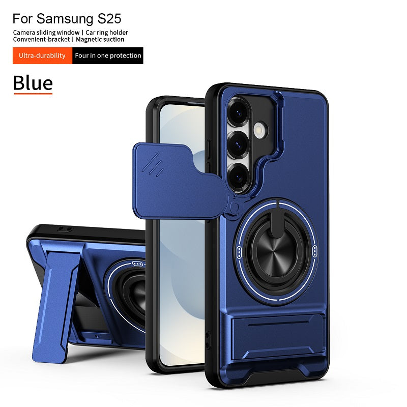 Luxury Slide Camera Lens Cover Case for Samsung Galaxy S25, Built-in Ring Stand and Folding Stand Magnetic Protective Case