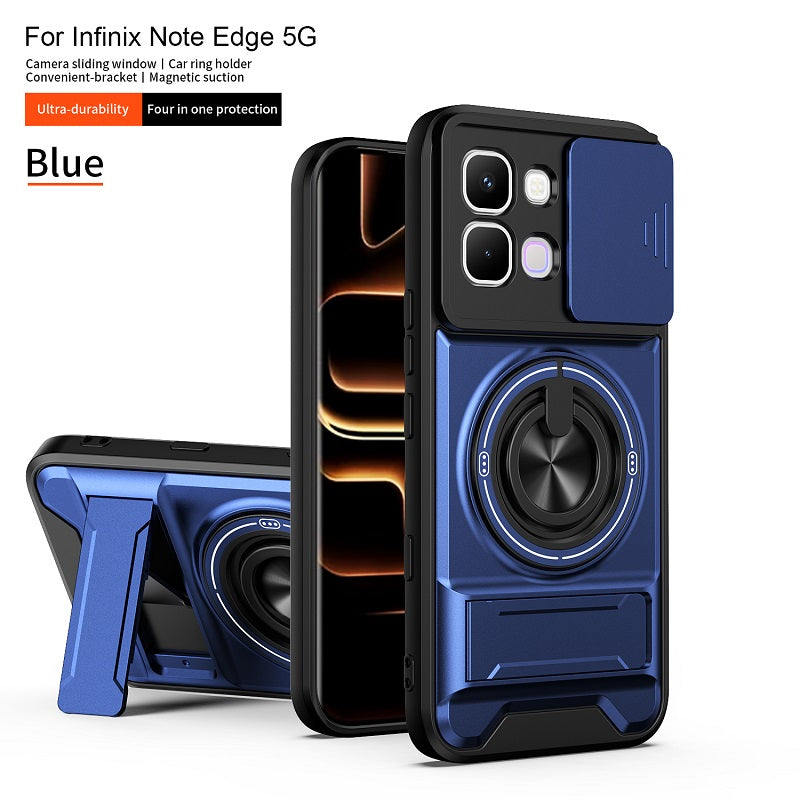 Luxury Slide Camera Lens Cover Case for Infinix Note Edge 5G, Built-in Ring Stand and Folding Stand Magnetic Protective Case