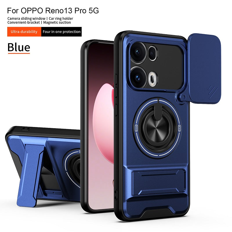 Luxury Slide Camera Lens Cover Case for OPPO Reno 13 Pro 5G, Built-in Ring Stand and Folding Stand Magnetic Protective Case