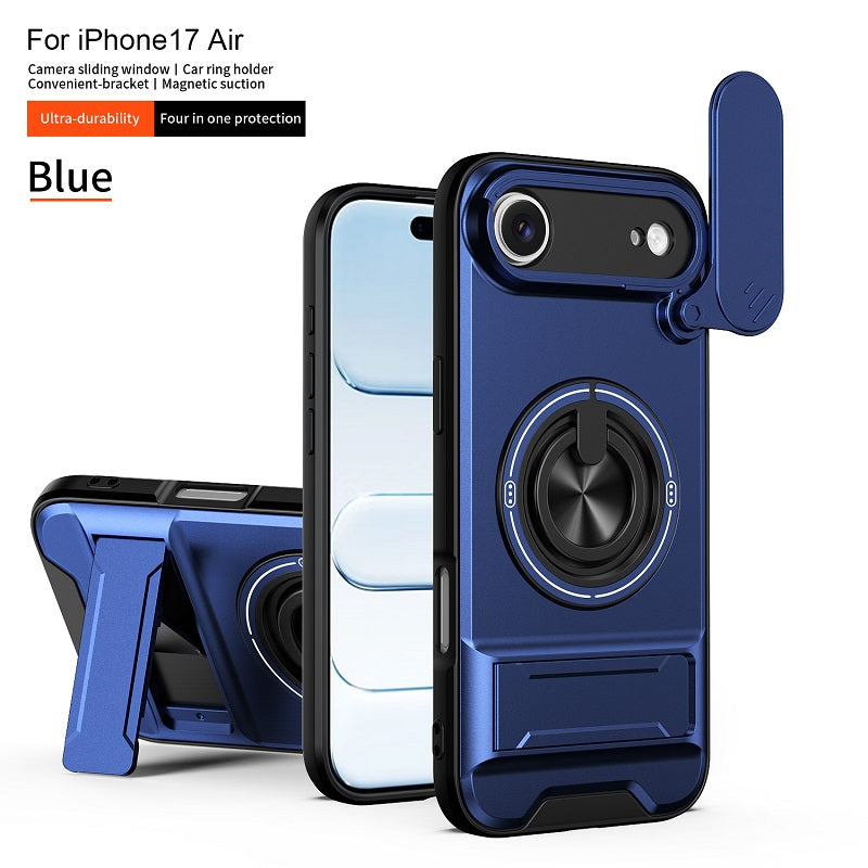 Luxury Slide Camera Lens Cover Case for iPhone 17 Air, Built-in Ring Stand and Folding Stand Magnetic Protective Case
