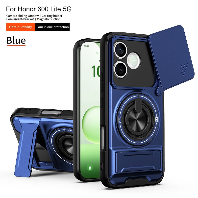 Luxury Slide Camera Lens Cover Case for Honor 600 Lite, Built-in Ring Stand and Folding Stand Magnetic Protective Case
