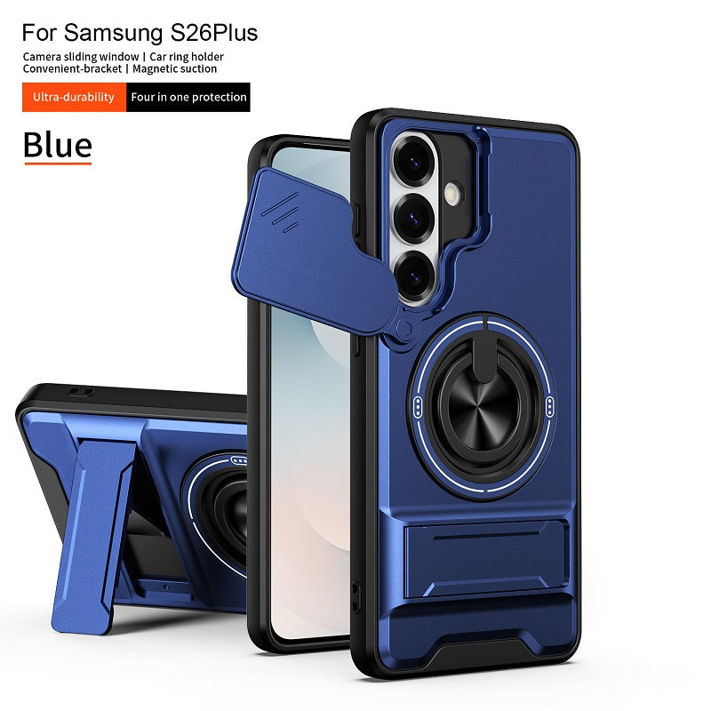 Luxury Slide Camera Lens Cover Case for Samsung Galaxy S26 Plus, Built-in Ring Stand and Folding Stand Magnetic Protective Case