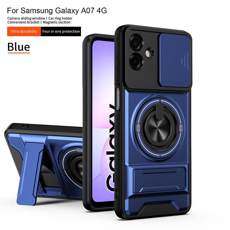 Luxury Slide Camera Lens Cover Case for Samsung Galaxy A07 4G, Built-in Ring Stand and Folding Stand Magnetic Protective Case