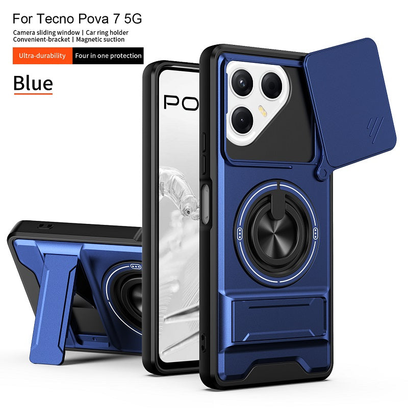 Luxury Slide Camera Lens Cover Case for Tecno Pova 7 5G, Built-in Ring Stand and Folding Stand Magnetic Protective Case