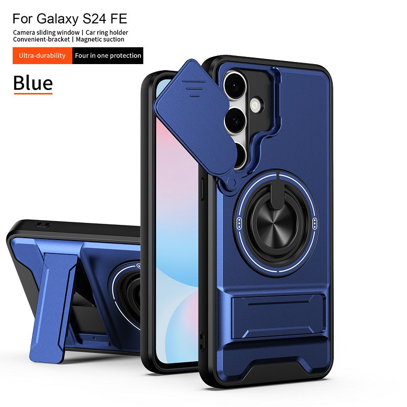 Luxury Slide Camera Lens Cover Case for Samsung Galaxy S24 FE, Built-in Ring Stand and Folding Stand Magnetic Protective Case