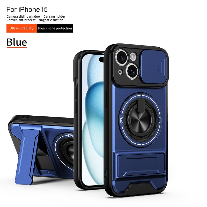 Luxury Slide Camera Lens Cover Case for iPhone 15, Built-in Ring Stand and Folding Stand Magnetic Protective Case