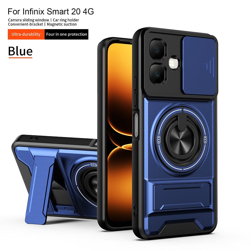 Luxury Slide Camera Lens Cover Case for Infinix Smart 20 4G, Built-in Ring Stand and Folding Stand Magnetic Protective Case