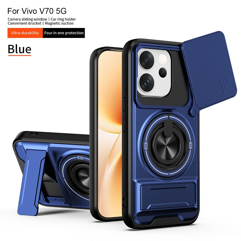 Luxury Slide Camera Lens Cover Case for Vivo V70 5G, Built-in Ring Stand and Folding Stand Magnetic Protective Case