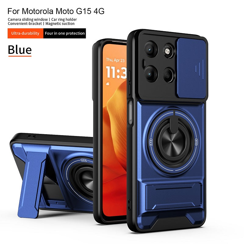 Luxury Slide Camera Lens Cover Case for Motorola Moto G15 4G, Built-in Ring Stand and Folding Stand Magnetic Protective Case