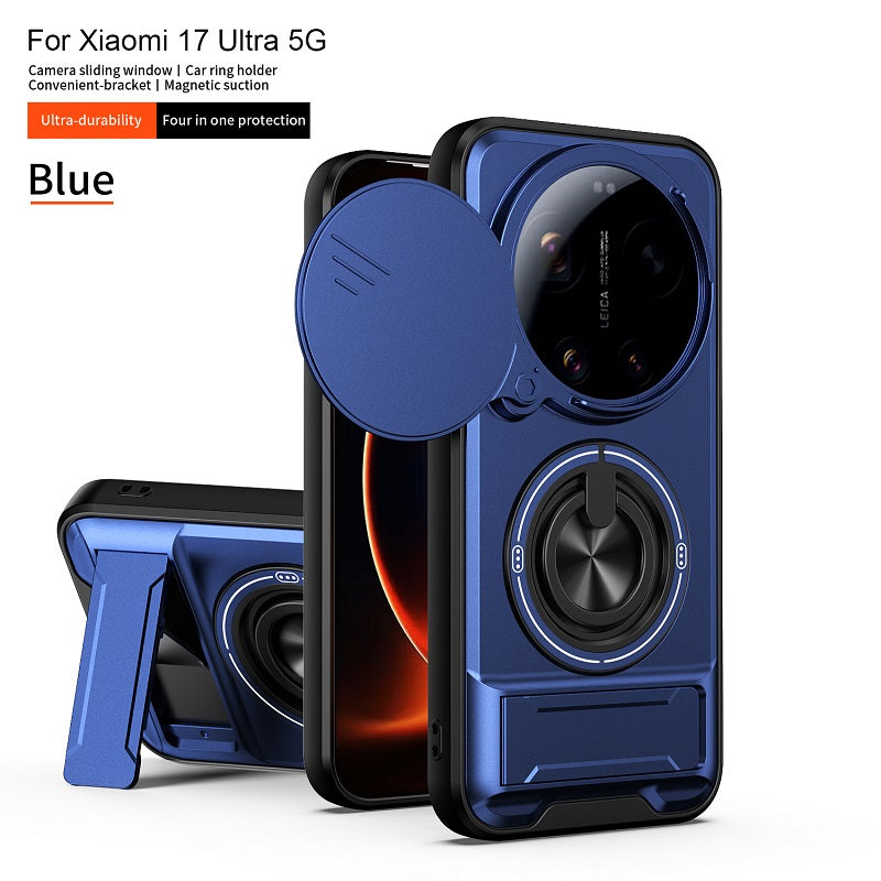 Luxury Slide Camera Lens Cover Case for Xiaomi 17 Ultra 5G, Built-in Ring Stand and Folding Stand Magnetic Protective Case