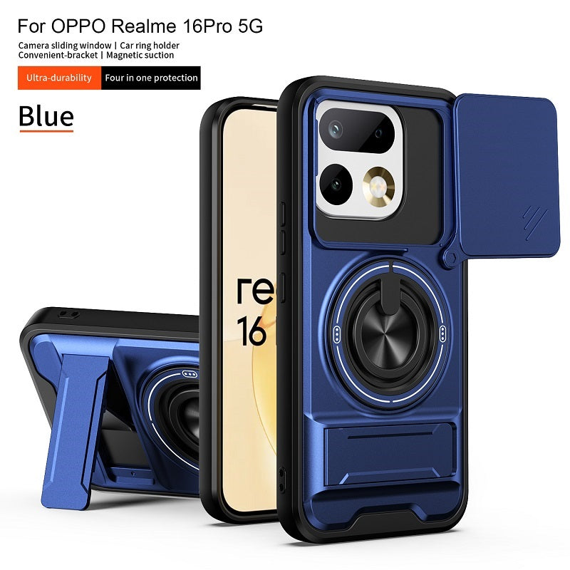 Luxury Slide Camera Lens Cover Case for OPPO Realme 16 Pro 5G, Built-in Ring Stand and Folding Stand Magnetic Protective Case